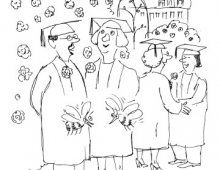 Drawing of bees talking in front of people during graduation at the Rose Garden
