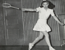 Gloria Evans Dillenbeck Dodd ’47 swinging a tennis racket.