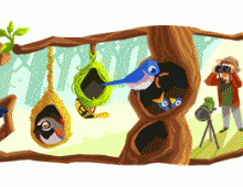 colorful cartoon of various birds and birdhouses while a birder watches