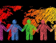 colorful graphic of people outlines and the world's countries against a black background