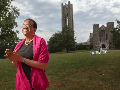 President Valerie “Val” Smith enjoys a few moments on Magill Walk, the sight that captivated her on her first visit to campus.