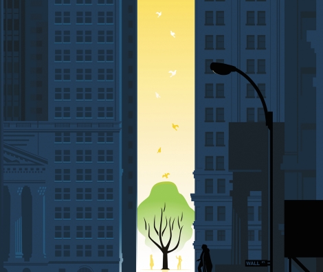 Dark, artistic drawing of Wall Street with sliver of light shining in between two enormous buildings on to a tree surrounded by people and birds. 