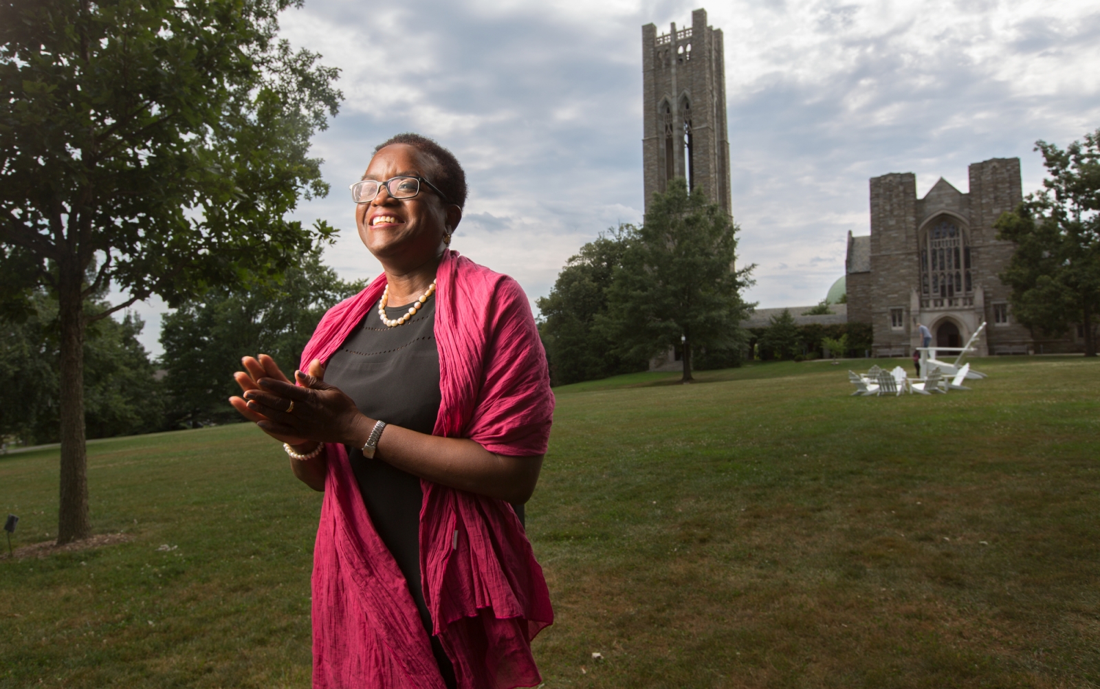 President Valerie “Val” Smith enjoys a few moments on Magill Walk, the sight that captivated her on her first visit to campus.