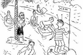 A cartoon picturing Swarthmore students in the Crum Regatta cruising past a bedraggled man stranded on a tiny island.