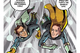 Cartoon rendering of Wolf and Clark as superheros