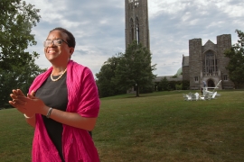 President Valerie “Val” Smith enjoys a few moments on Magill Walk, the sight that captivated her on her first visit to campus.