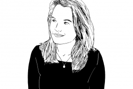 cartoon of Kaaren Williamsen in a black blouse