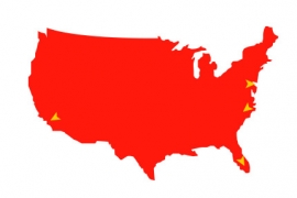 drawing of the United States in all red with arrows pointing to several location on it