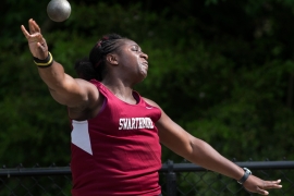 Osazenoriuwa Ebose ’15 throwing a shot put