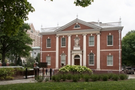 The pillared red brick colonial style Philosophical society in Philadelphia.