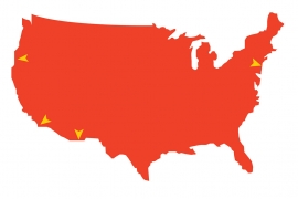a red graphic of the US with yellow points on the map for each location mentioned