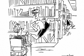 Illustration of students running the McCabe Mile, one appears to say something to a startled book worm.