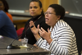 Sarah Willie-LeBreton speaks passionately on the “From Fellow to Faculty” panel at the 2015 Consortium for Faculty Diversity Conference Oct. 3, 2015.