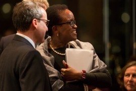 President Valerie Smith mingles in a crowd