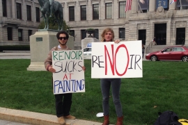 playful protestors demonstrate against what they view as bad art in front of an art museum