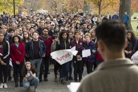 Swarthmoreans attend a walk-out in protest of Donald Trump's political agenda.