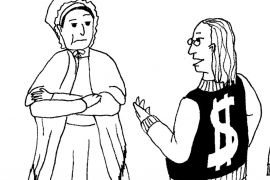 cartoon of Lucretia Mott receiving a "money club" jacket from Ben Franklin and Abe Lincoln