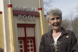 Esther Ridpath Delaplaine ’44, standing in front of Crystal Pool.
