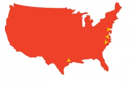 Red map of the U.S. with arrows pointing to locations of alumni news