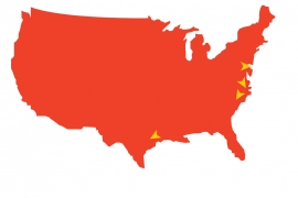 Red map of the U.S. with arrows pointing to locations of alumni news