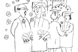 Drawing of bees talking in front of people during graduation at the Rose Garden