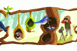 colorful cartoon of various birds and birdhouses while a birder watches