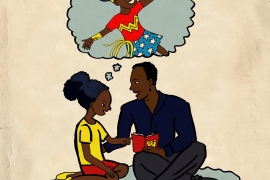 A drawing of a dad with his daughter, who is dreaming of being Wonder Woman
