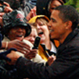 An Obama campaigner shares the jubilation of his candidate’s victory.