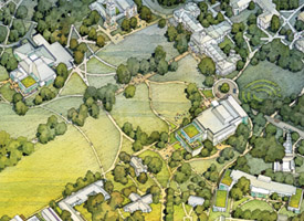 A rendering from the Campus Master Plan, showing expansions to Sharples, McCabe Library, and Willets residence hall.