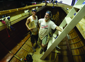 Jonah ’02 and Bob Eaton ’65 inside the still skeletal Aramingo.