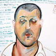 “There Were Three Interogators” (gouache on paper) is one panel in a 34-foot–long folding book by Daniel Heyman, who teaches printmaking part time at the College. Heyman’s installation The Abu Ghraib Detainee Interview Project was exhibited at The Print Center in Philadelphia in 2007. (Illustration by Daniel Heyman)