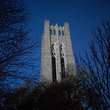 Clothier bell tower surrounded by branches against dark blue sky