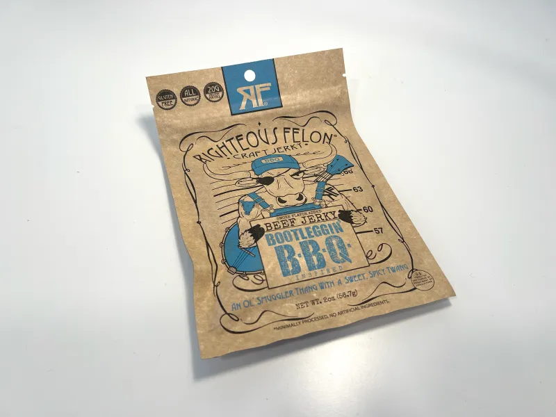 An empty beef jerky pouch