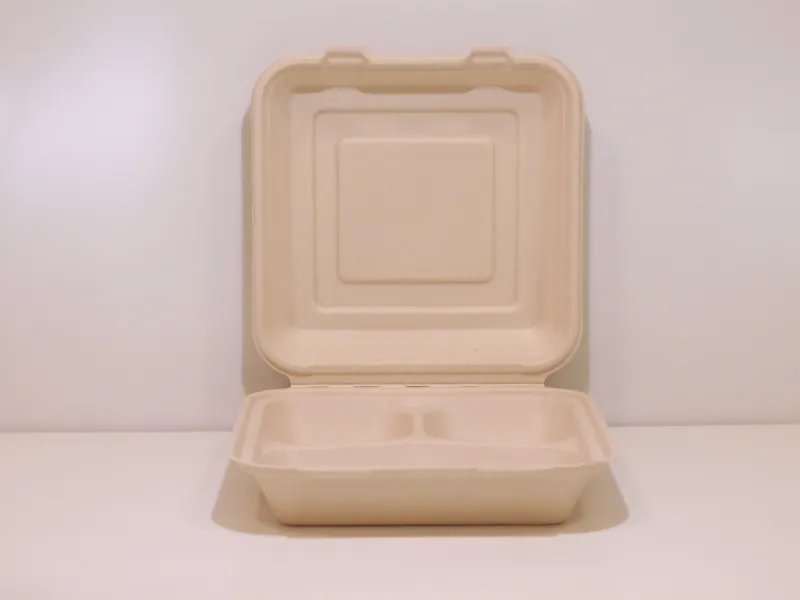 An empty compostable clamshell