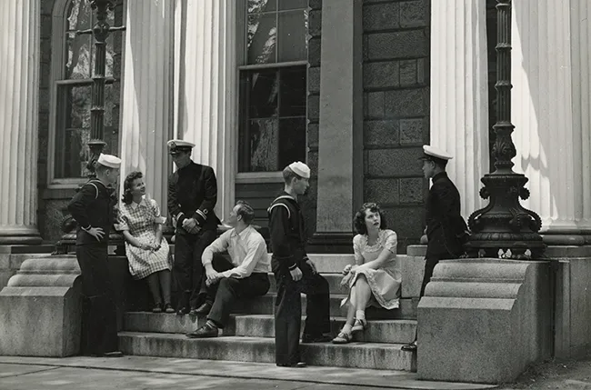 students in the Navy Program, 1940s, on the steps of Parrish Hall