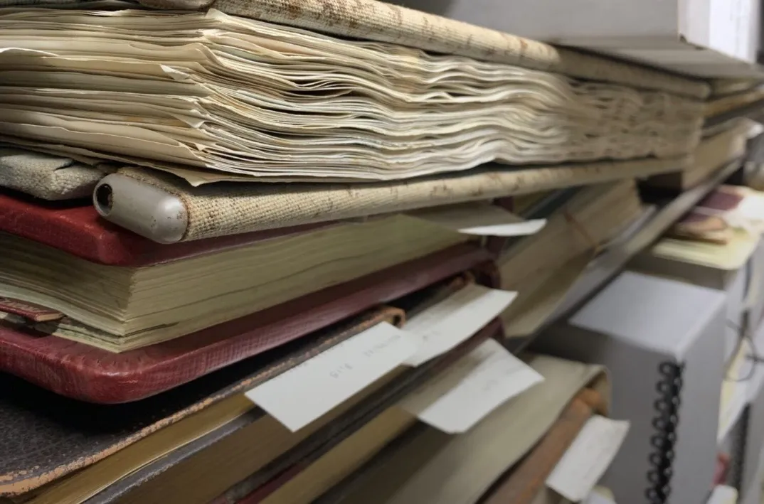 Historic resources on shelves at Friends Historical Library