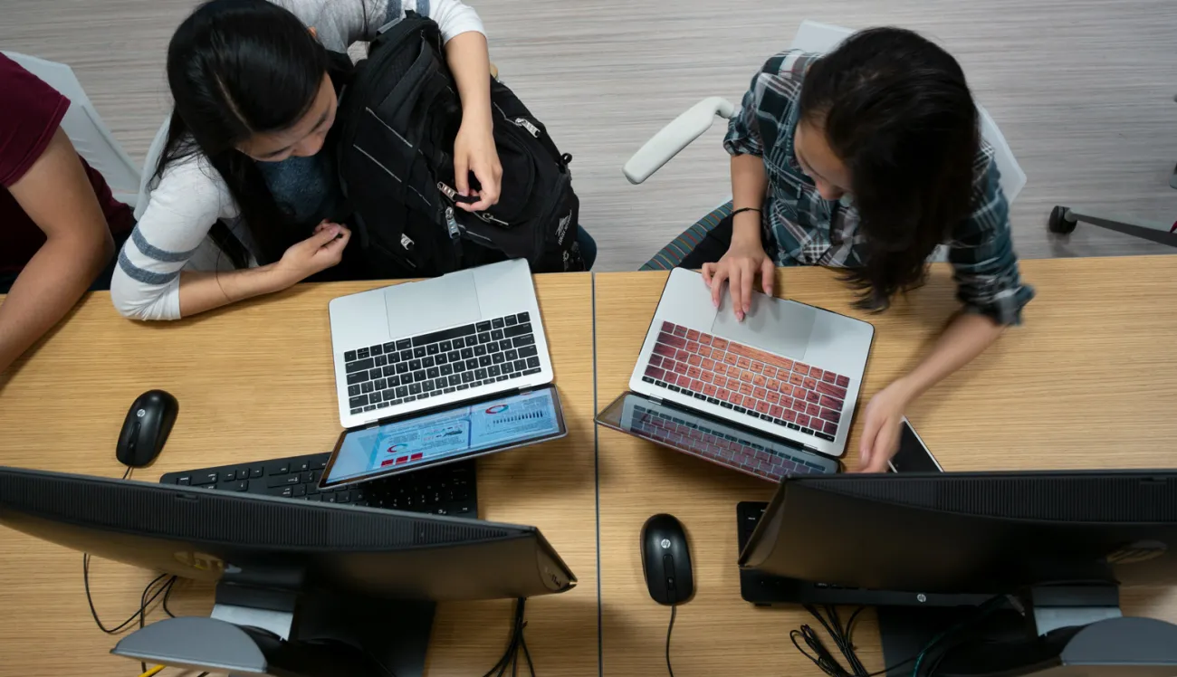 Overhead view of 2 students sitting at a computer table with 2 laptops