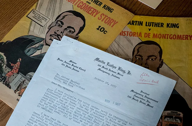 A comic book about Martin Luther King, Jr. and partial image of a typed letter from MLK to the recipient dated 1957