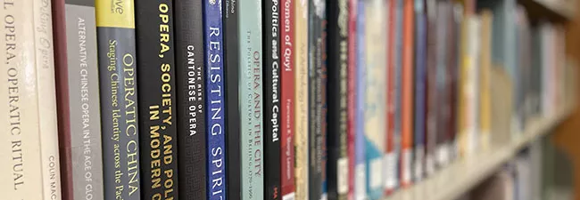 image of books about music on a library shelf