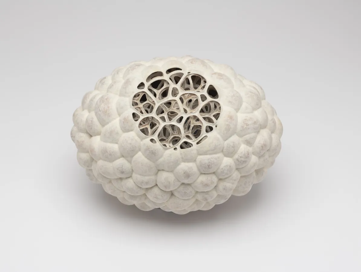 Biode, 202,eggshells, Rice paper, milk paint,12 x 10 x 10 inches. Courtesy of the artist. Photo by John Carlano