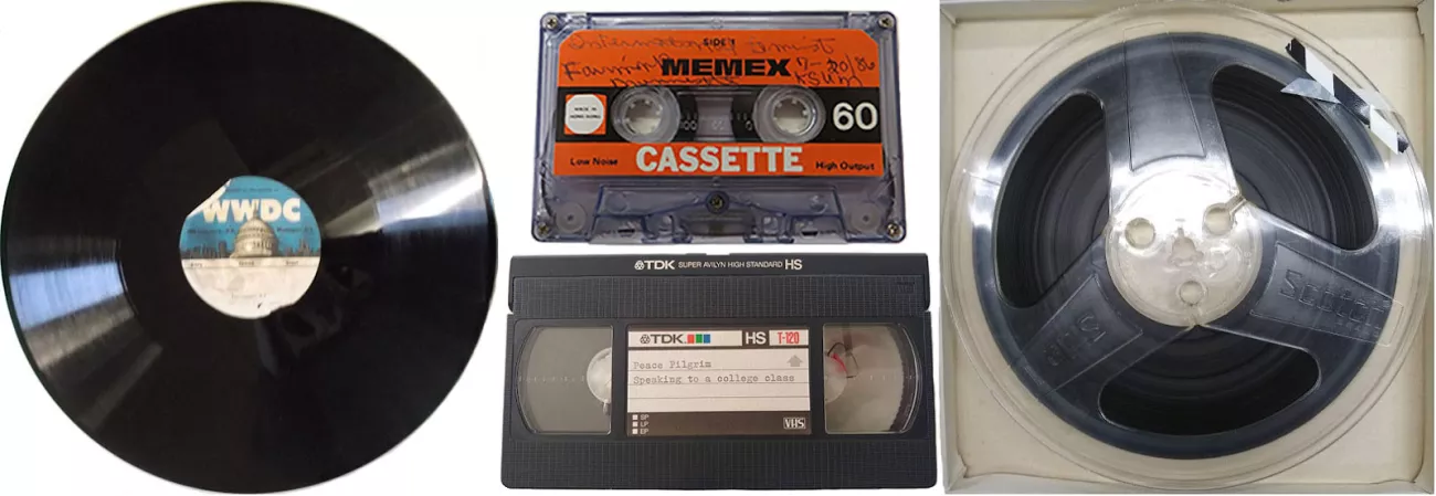 sound recording technologies: a vinyl record, cassette tape, VHS tape and reel to reel tape