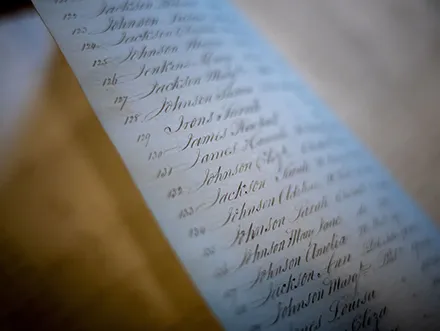close up photo of a page from the 1847 African American Census held by the Friends Historical Library