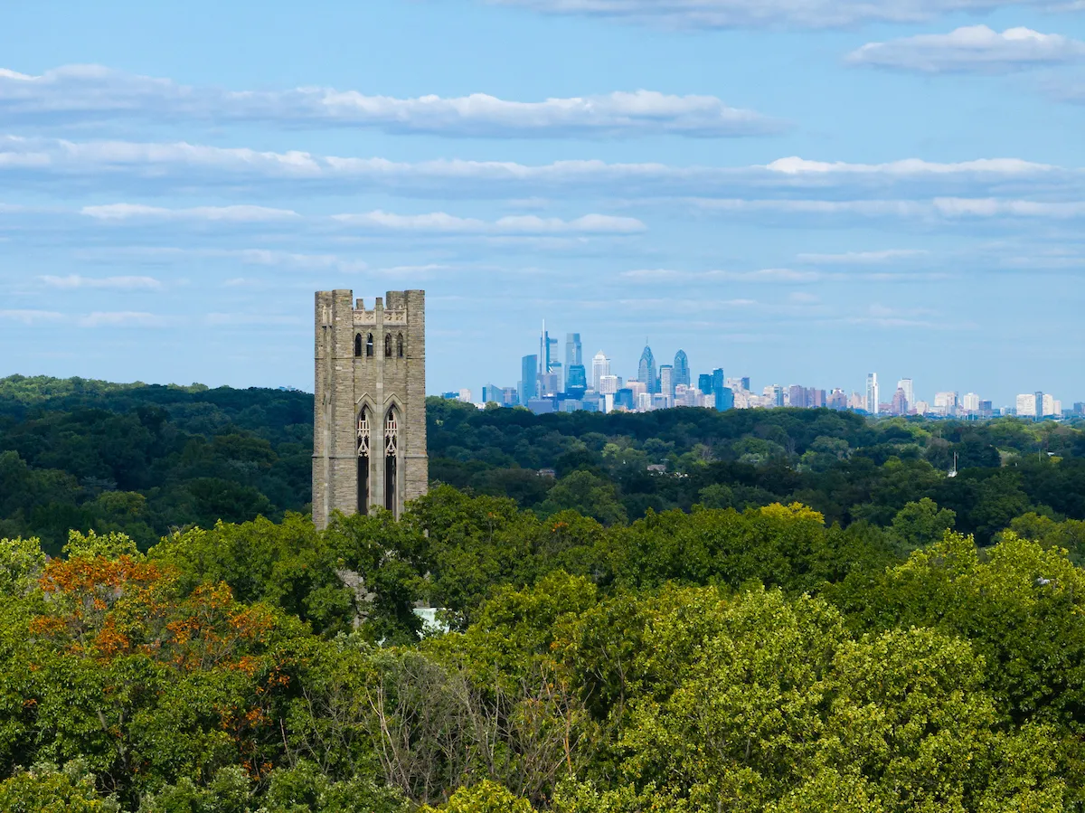 Aerial view of campus with Philadelphia skyline 