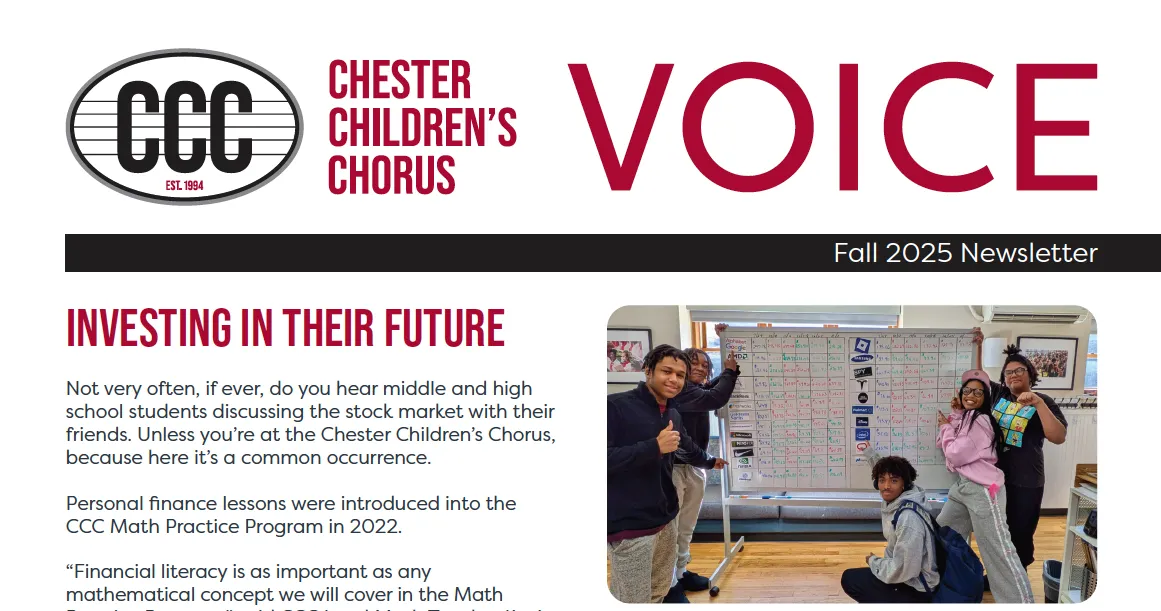 cover of CCC fall 2025 newsletter featuring children in the chorus around a whiteboard