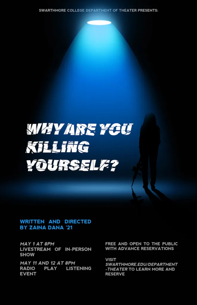 A blue spotlight shines down on the silhouette of a person holding a machine gun and the words "Why Are You Killing Yourself?"