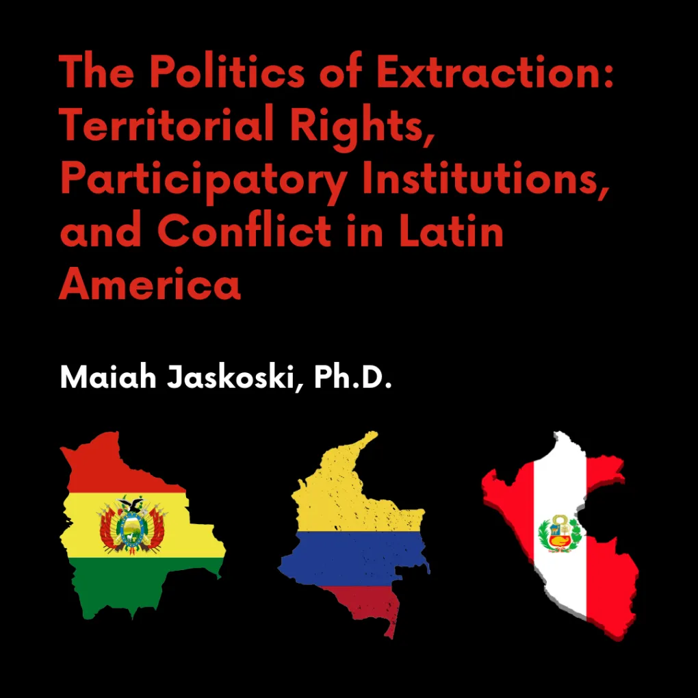 Title of lecture with a map graphic of Bolivia, Peru and Columbia on a black background.