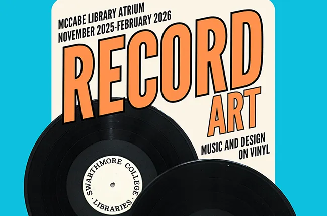 exhibition poster featuring image of black vinyl LP recordings