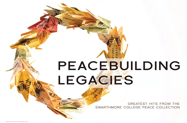 origami cranes arranged in a wreath along with exhibition title and information