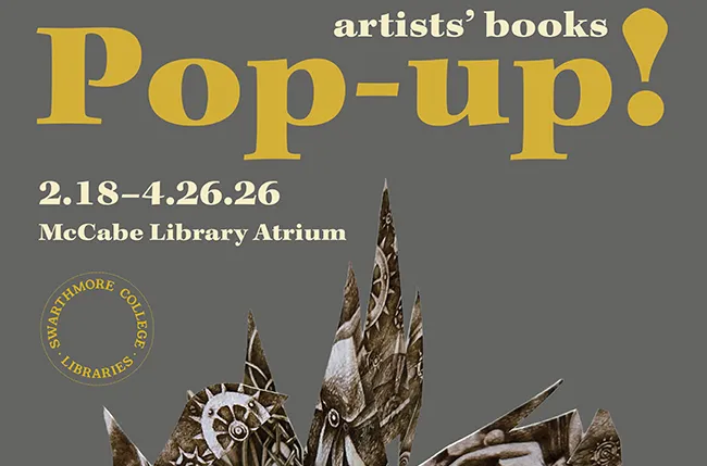 exhibition poster with excerpt of a pop-up page on a gray background along with exhibition information