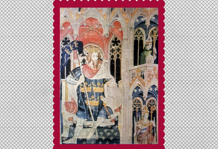 A medieval-style illustration depicting a crowned king in elaborate robes holding a scepter and orb, standing in an ornate Gothic architectural setting. 